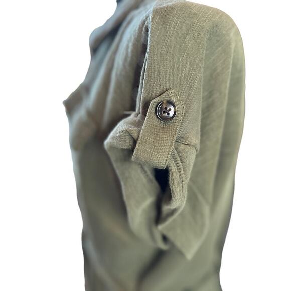 Olive Green Midi Shirt Dress with Belt Roll Tab Sleeve Career Casual - Picture 3 of 10